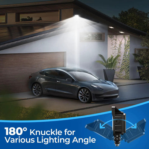 50W LED Flood Light Outdoor Super Bright 7000LM IP65 illuminating a driveway and car, showing 180 degree knuckle feature
