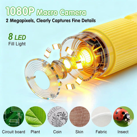Kid Friendly Digital Handheld Microscope With 5 Slides 2.4 Inch IPS LCD 1000X Magnification 1080P Video 32GB Card Portable Pocket Microscope For Boys And Girls Aged 3 To 12 Cool Science Toy, yellow LED lens close-up