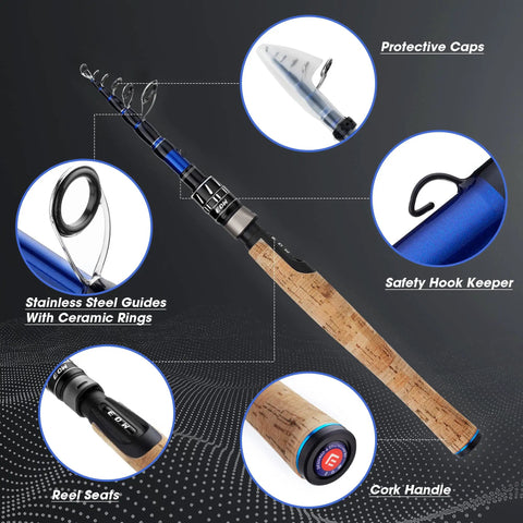 Portable Telescopic Casting And Spinning Fishing Rods Go-To Travel Companion 24T Carbon Blanks With Solid Carbon Tip Cork Handle features