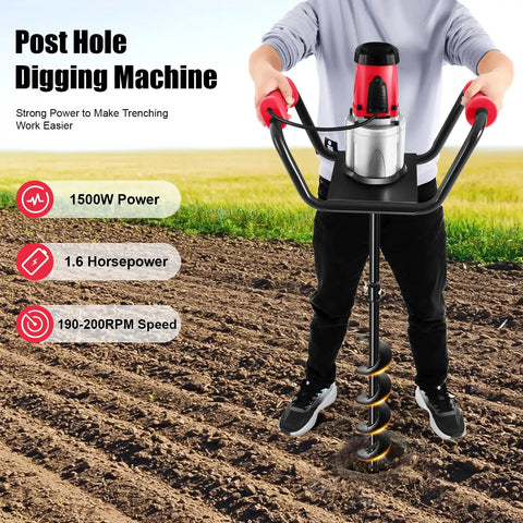 Man using Electric Post Hole Digger Workhorse 1500W 1.6HP Earth Auger Digging Machine With 4 Inch Auger Bit on soil