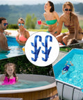 Adjustable Waterproof Pool Pole Hooks Three Hook Bracket with pools, people swimming, and enjoying outdoor activities.