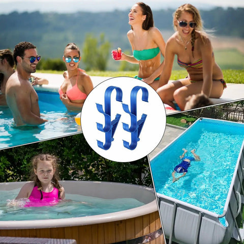 Adjustable Waterproof Pool Pole Hooks Three Hook Bracket with pools, people swimming, and enjoying outdoor activities.
