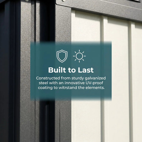 Close-up of lockable metal outdoor storage shed in galvanized steel, showing rust-resistant panels and text "Built to Last."