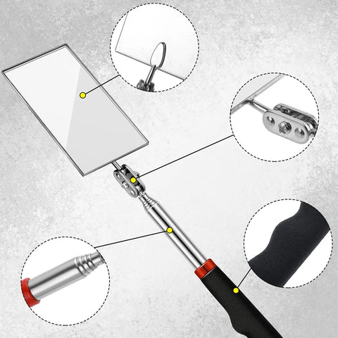 Close-up of Three Piece Telescoping Inspection Mirror Set With Round, Square, And Oval Styles For Automotive And Home Use