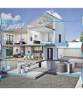 Cross-section of home showing installation locations for Smart WiFi Water And Freeze Detector With 80dB Audible Alarm Text And Email Alerts Continuous Home And Investment Property Monitoring Two Year Battery Life With Replaceable AAA Batteries in kitchen, laundry, basement, attic, bathroom, and garage.