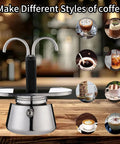 Heavy Duty Stainless Steel Moka Pot For Two With Dual Spout Stovetop Espresso Maker on wood table, showcasing various coffee styles.