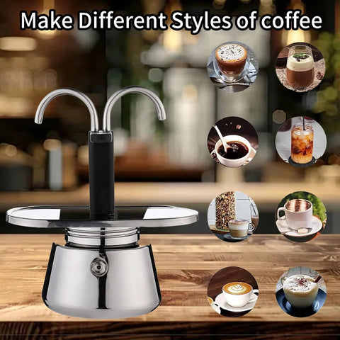 Heavy Duty Stainless Steel Moka Pot For Two With Dual Spout Stovetop Espresso Maker on wood table, showcasing various coffee styles.