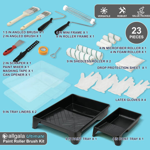 23 Piece Ultimate DIY Decorating And Painting Toolkit with brushes, rollers, gloves, frames, and trays on a blue background.