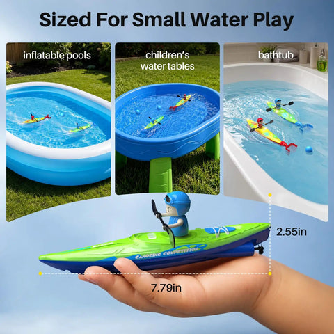 Two Pack Remote Control Boats For Kids Ages 6 To 12 With Dolphin Ball Catching Nose, shown in pool, water table, and bathtub