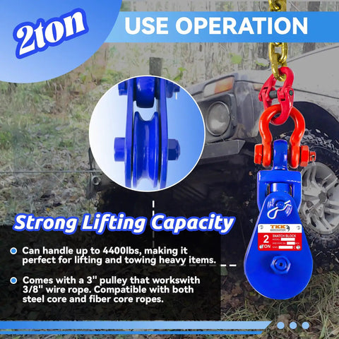 Heavy Duty Snatch Block With G80 Chain And Swivel Shackle 3 Inch Sheave For 3/8 Inch Wire Rope 4400 Lb Working Load Limit in use on tow truck