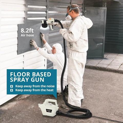 Top Tier HVLP Paint Sprayer, 800W Electric Spray Paint Gun used on a wall with an 8.2ft air hose for efficient painting.