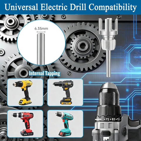 Integrated Three Piece Pipe Threading Tool Set compatible with electric drills showcased with gears and drill images
