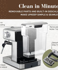 Game Changing 20 Bar Espresso Machine With Sleek Stainless Steel Build And Rapid Steam Milk Frother For Killer Lattes And Creamy Cappuccinos At Home Featuring Hassle Free Temperature Settings And Spacious Tank showing removable water tank and easy-clean steam wand.