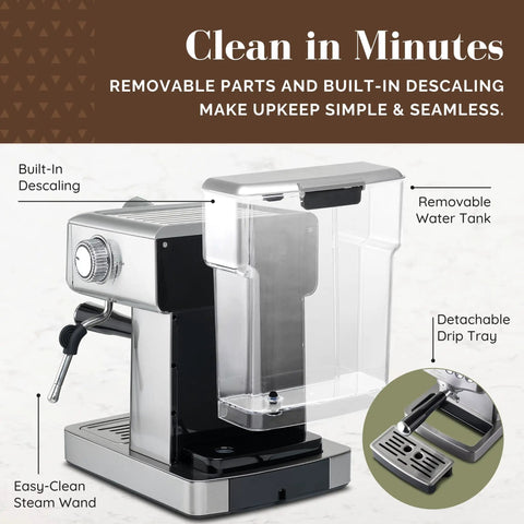 Game Changing 20 Bar Espresso Machine With Sleek Stainless Steel Build And Rapid Steam Milk Frother For Killer Lattes And Creamy Cappuccinos At Home Featuring Hassle Free Temperature Settings And Spacious Tank showing removable water tank and easy-clean steam wand.