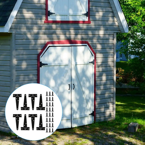16 Pack 4 Inch T Strap Hinges Heavy Duty Matte Black Outdoor Gate Hardware on a barn door in a backyard setting.