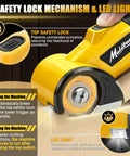 Mulctun Cordless Electric Box Cutter With 4 Tungsten Steel Blades, Led Light And Safety Lock For Cutting Cardboard, Carpet, Fabric, And Leather, showing safety lock mechanism and LED light.