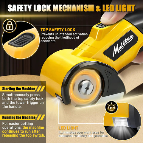 Mulctun Cordless Electric Box Cutter With 4 Tungsten Steel Blades, Led Light And Safety Lock For Cutting Cardboard, Carpet, Fabric, And Leather, showing safety lock mechanism and LED light.