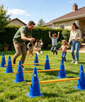 Low Height Dog Agility Course For Puppies With Hurdle Cones And Buckets Yellow Poles Outdoor Training Equipment in backyard