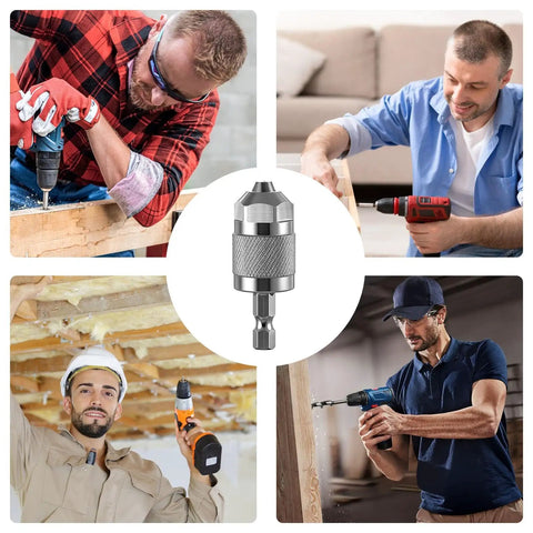 Hex Quick Change Drill Chuck With 3 Jaw Grip Hardened Steel Build surrounded by people using drills on various projects