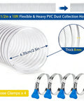 Heavy Duty 2.5 Inch By 10 Foot Clear PVC Dust Collection Hose With Carbon Steel Wire Coil and four blue clamps shown