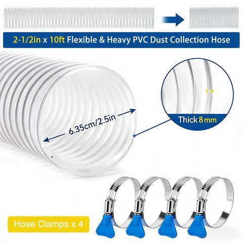 Heavy Duty 2.5 Inch By 10 Foot Clear PVC Dust Collection Hose With Carbon Steel Wire Coil and four blue clamps shown