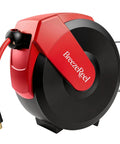 Hella Tough Retractable Air Hose Reel For Garage And Workshop 50 Foot Auto Rewind Compressor Line At 300 Psi angled close-up with red casing.