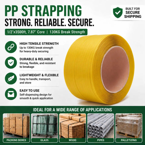 Heavy Hitter Polypropylene Strapping Kit With 3500 Feet Of Half Inch Pallet Tape Aluminum Tensioner Manual Crimper And Two Hundred Metal Seals For No Nonsense Warehouse Packaging Projects yellow polypropylene strapping roll with specs.