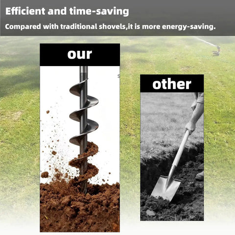 Comparison of bulb planter auger drill bit and traditional shovel for fast hole digging in the garden