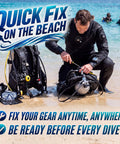 Diver using Save-A-Dive Kit For Scuba Gear Repair on beach with equipment, wetsuit, save-a-dive tool, and tank.