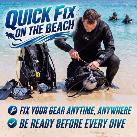 Diver using Save-A-Dive Kit For Scuba Gear Repair on beach with equipment, wetsuit, save-a-dive tool, and tank.