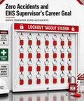 Lockout tagout station with bulk 25 pack 1.5 inch steel safety lockout hasps, chrome steel, nylon handle and 6-hole locking hasp.
