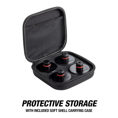 Tesla Jack Pads For Model Y, 3, S, X Rubber Lift Pads With Storage Bag, case open displaying four round pads in protective storage