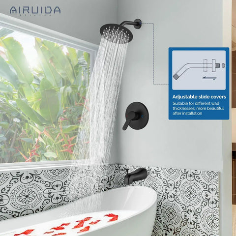 Solid Wall Mount Shower Faucet Set With Heavy Duty 6 Inch Rainfall Head And Smooth Tub Spout In Sharp Matte Black For Reliable Bathroom Overhauls And Killer Water Flow