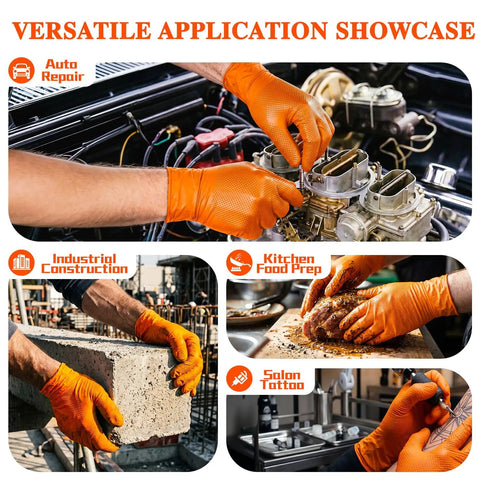 Heavy Duty 10 Mil Nitrile Gloves With Diamond Grip Latex Free Chemical Resistant Orange Disposable Mechanic Gloves For Oil, Automotive And Industrial Work Extra Large used in various applications like auto repair, construction, food prep, and tattoo creation.