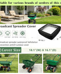 Outdoor view of spreader with Spreader Hopper Cover Waterproof Heavy Duty Protection for lawn spreaders, 18.1"x16.1" dimensions.
