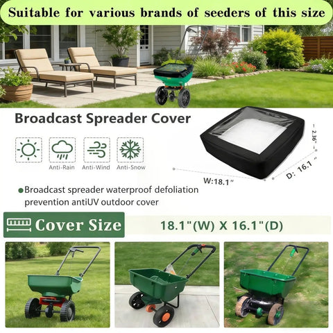 Outdoor view of spreader with Spreader Hopper Cover Waterproof Heavy Duty Protection for lawn spreaders, 18.1"x16.1" dimensions.