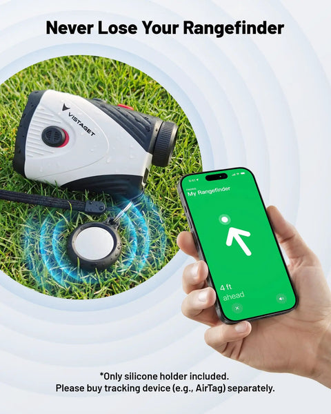 Golf Range Finder With Slope On Off, 1200 Yard Laser, 7X Magnification beside a phone tracking device on grass