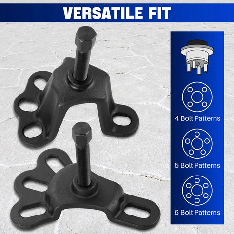 Front Wheel Hub Puller Set And Rear Axle Puller Kit Built Tough For 3.75 To 4.50 In Front Hubs and multiple bolt patterns displayed