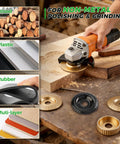 Pro Grade Five Piece Wood Carving Disc Set For 4 And 4.5 Inch Angle Grinders With 7/8 To 5/8 Inch Arbor displayed with grinder on wood