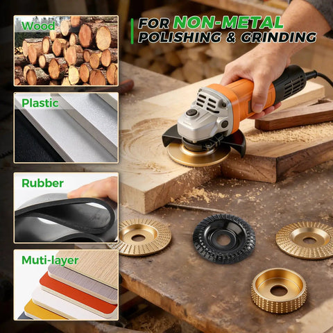 Pro Grade Five Piece Wood Carving Disc Set For 4 And 4.5 Inch Angle Grinders With 7/8 To 5/8 Inch Arbor displayed with grinder on wood