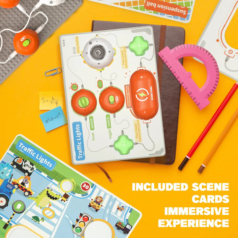 Hands On Electronics Kit For Kids Aged Five To Seven With Sixteen Circuit Parts And Over Four Hundred Forty Projects Including Infrared Sensor Module Hand Crank Generator RGB Light Module And Flying Saucer Accessories STEM Toys Curious Young Minds. traffic lights scene card