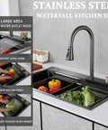 65x50 cm Kitchen Sink Multi-Function Faucet with Retractable Sprayers Includes Basket Strainer Siphon and Drainage Set for Efficient Water Flow with stainless steel finish.