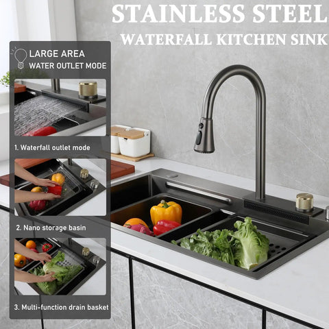 65x50 cm Kitchen Sink Multi-Function Faucet with Retractable Sprayers Includes Basket Strainer Siphon and Drainage Set for Efficient Water Flow with stainless steel finish.