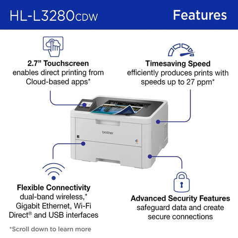 Wireless Color Laser Printer With Duplex Printing, Compact Design, Mobile And Ethernet Connectivity, Alexa Compatibility, And Laser Quality Output suitable for small or home offices, shown with features highlighted.