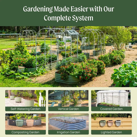 Various garden bed configurations including the Olive Green 17 Inch Tall Nine In One Metal Raised Garden Bed Kit for backyard or patio.