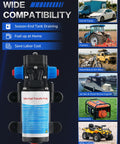 12V Electric Fuel Transfer Pump Kit With Hose shown compatible with cars, tractors, bikes, generators, and boats.