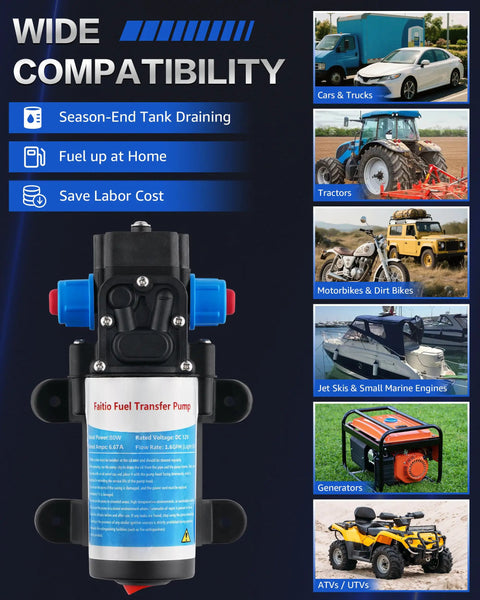 12V Electric Fuel Transfer Pump Kit With Hose shown compatible with cars, tractors, bikes, generators, and boats.