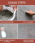 Heavy Duty Cement Patch To Fix Cracks Waterproof Flexible Concrete Repair Formula For Sidewalks Garage Floors And Foundations usage steps showing mixing, filling, spraying, and waiting process.