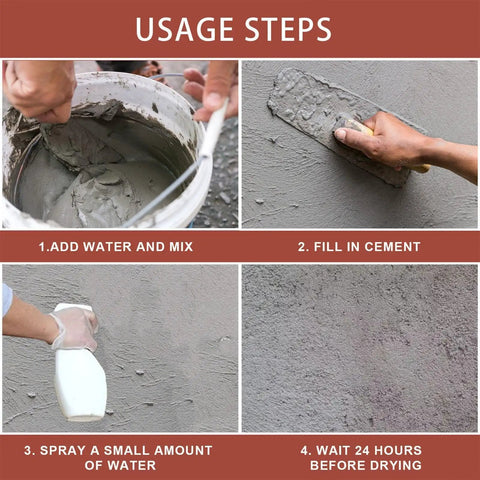 Heavy Duty Cement Patch To Fix Cracks Waterproof Flexible Concrete Repair Formula For Sidewalks Garage Floors And Foundations usage steps showing mixing, filling, spraying, and waiting process.