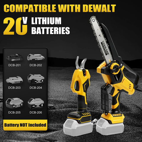 Slick 4 In 1 Cordless Pole Saw And Electric Pruning Shears Kit with 8-inch chainsaw and quick trim clippers, compatible with Dewalt batteries.